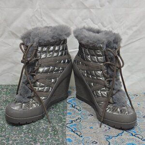 Jessica Simpson Silver Faux Fur Lace Up Wedge Booties